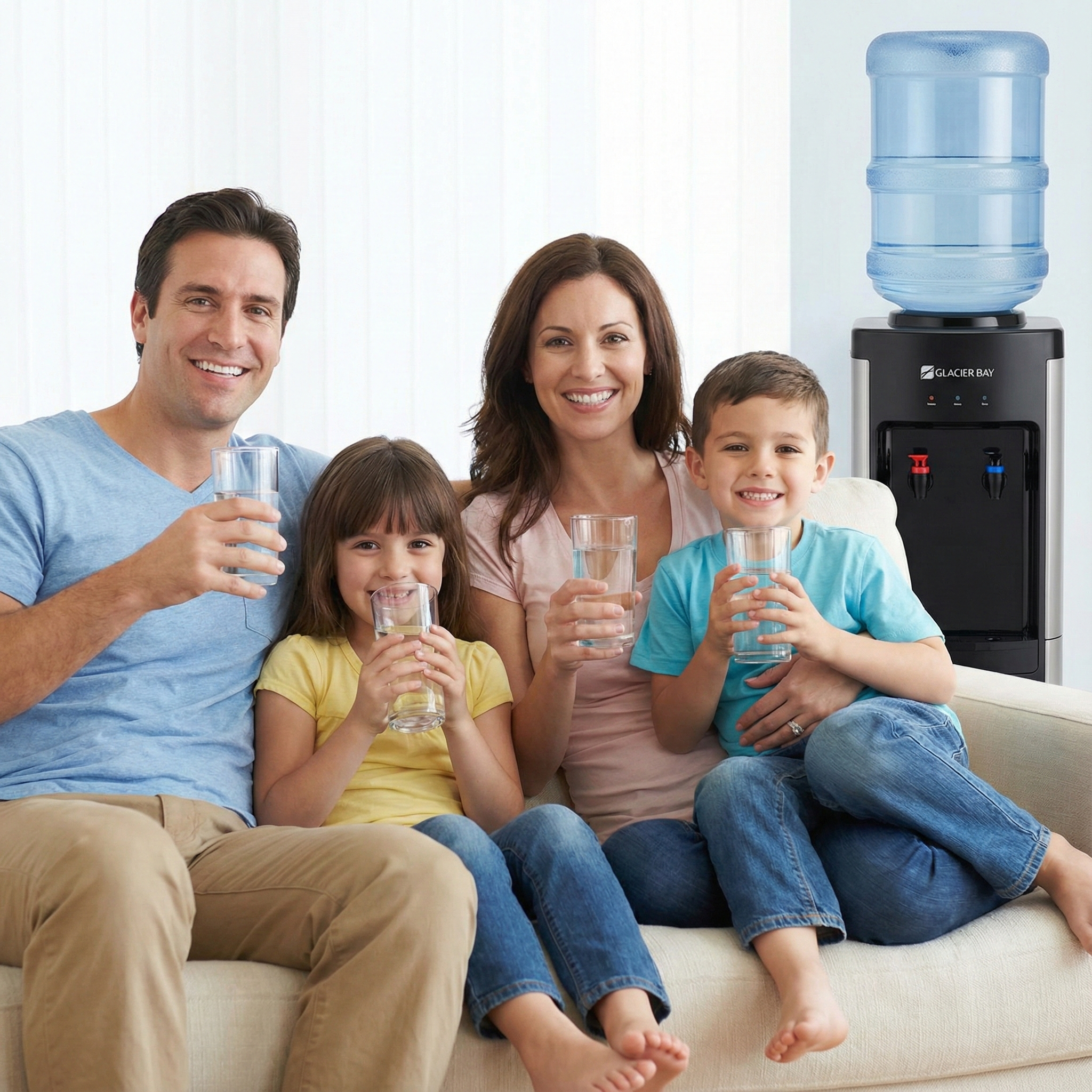 Family with water dispenser smiling